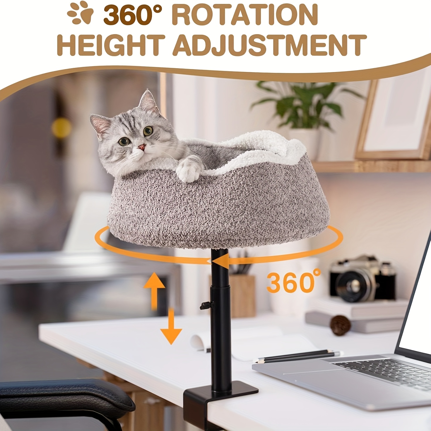   360 rotating adjustable height cat desk bed alloy   removable washable plush perch with wrap around edges ergonomic desktop cat furniture for home office safety       stable structure Product details 1
