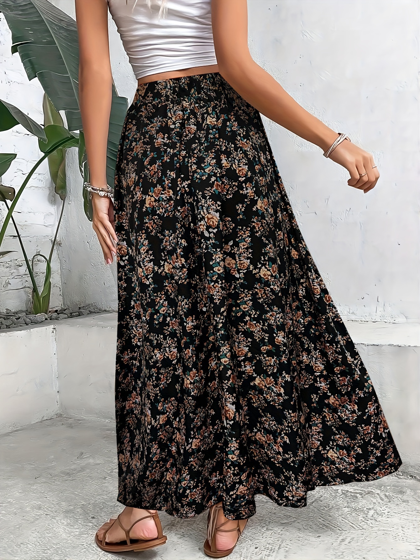 Jupe midi taille haute à plis sur le devant Couleur vert motif fleurs Vintage - Vêtements