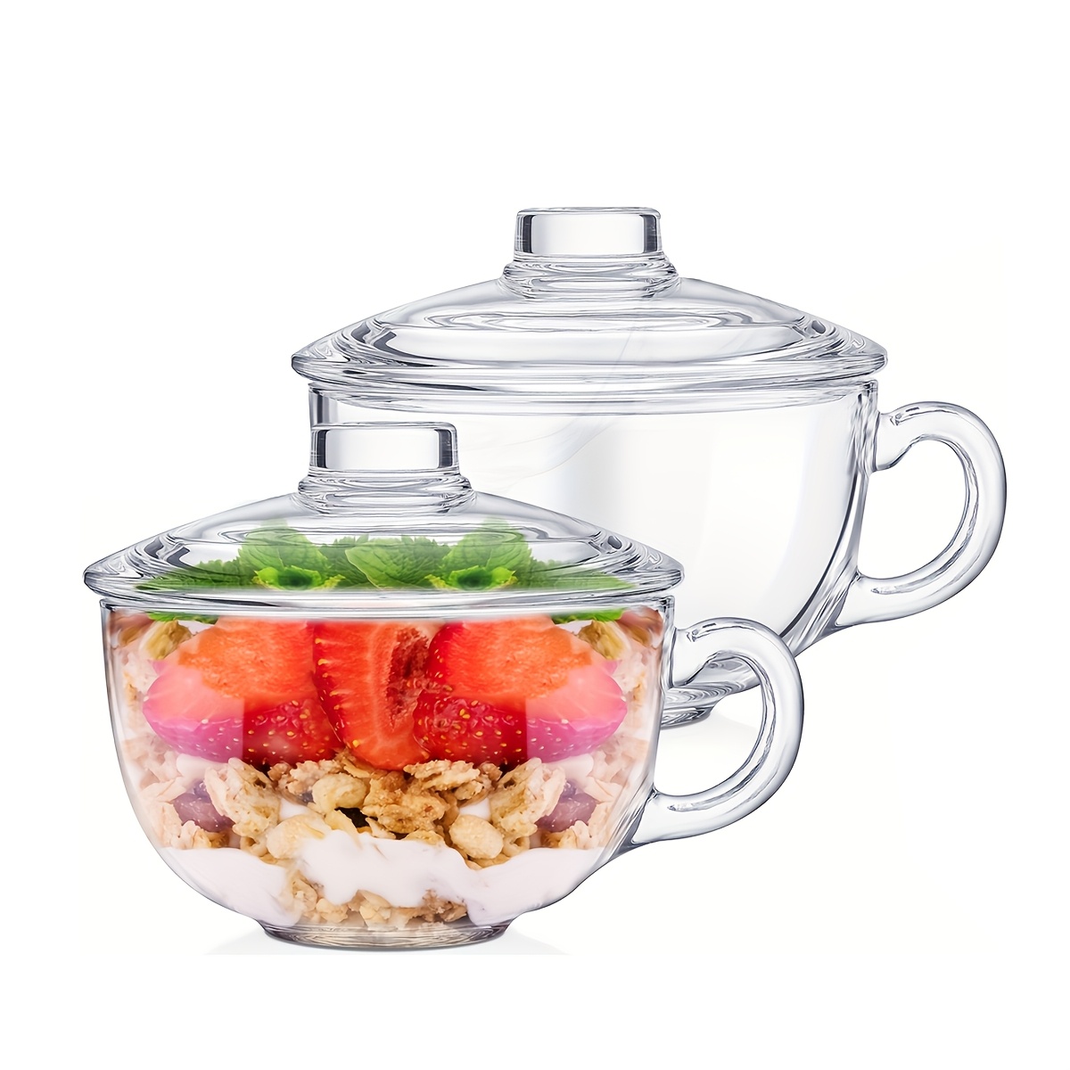 TEMU Set Of 2 Transparent Glass Bowls With Lids, Perfect For Oatmeal, Sturdy And Durable, Suitable For Coffee, Tea, Milk, Yogurt, And Cleaned In The