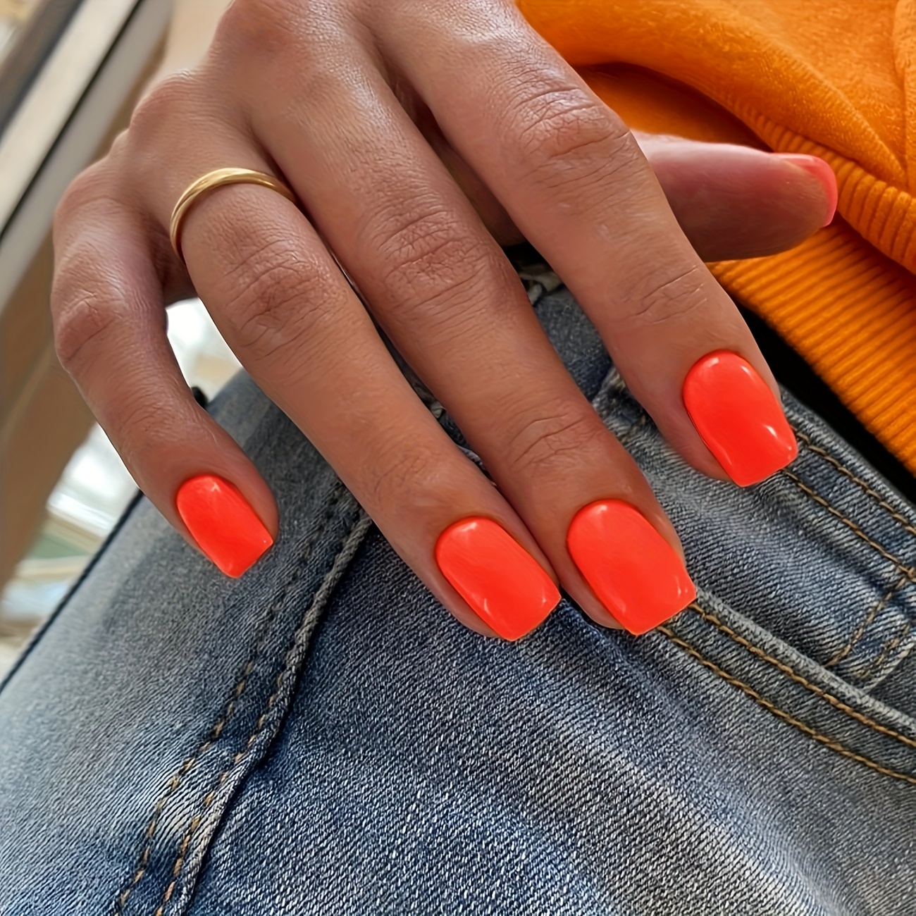 TEMU 24pcs Vibrant Orange Short Square Press-on Nail Set - Glossy Finish, Stylish Acrylic Fake Nails For Casual Attire, And Occasions