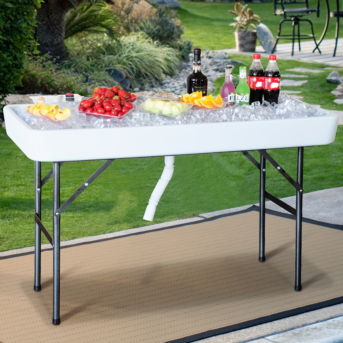 

White Folding Party Ice Cooler Table With Skirt – Polyethylene Top & Metal Legs, Outdoor , Picnics, And Bar Setup, Includes And 1 Skirt