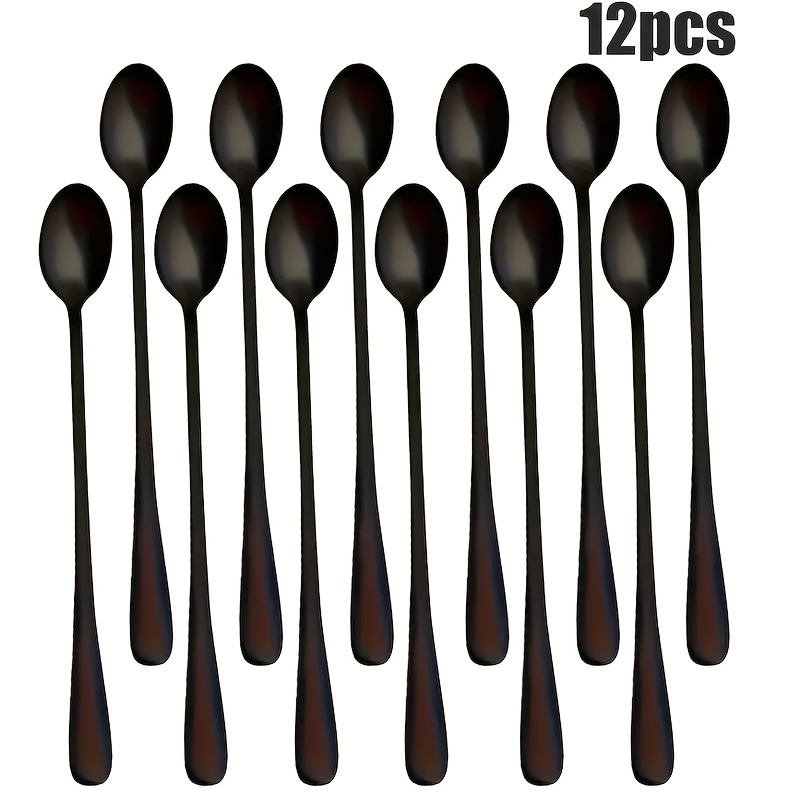 E-shop 12-teiliges Set eleganter schwarzer Edelstahl-Löffel mit langem Stiel - 7,87 Zoll Eis-Tee-, Kaffee- Eismischtuten, spiegelpoliert, geeignet für
