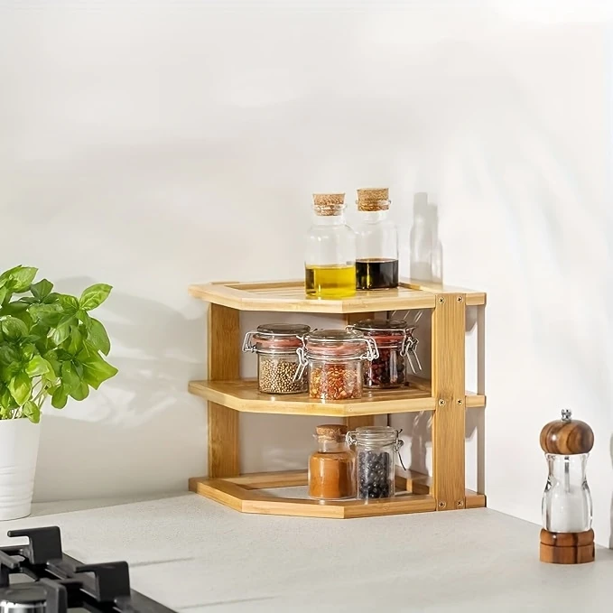 bamboo kitchen corner rack cabinet board organizer corner cabinet shelf 3 level kitchen pantry wall mounted kitchen storage shelf organizer natural details 3