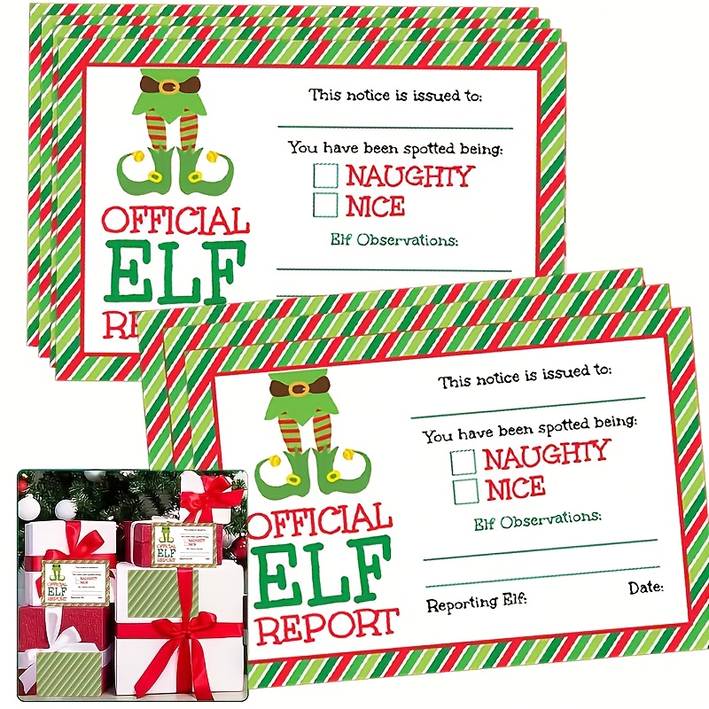 TEMU 10pcs Christmas Elf Behavior Cards - Elf Report Labels With Official Elf Design, Red & Stripes - For Christmas Gifts, Elf Lists, Party