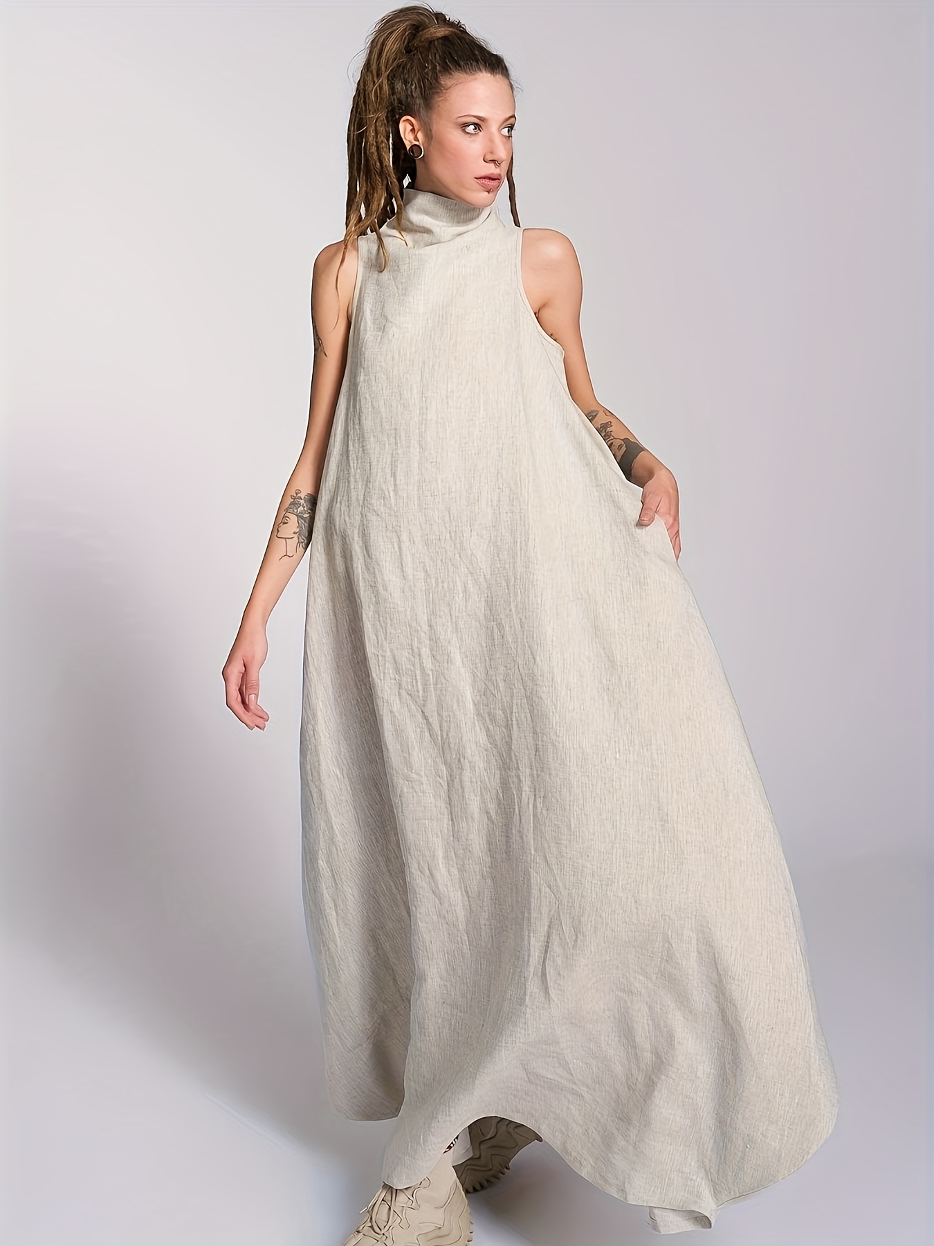 Elegant Bohemian High Neck Maxi Dress for Women - Sleeveless, Solid Color, Flowy A-Line Silhouette with Pockets, Perfect for Summer Parties and Casual Wear, Cute Dress