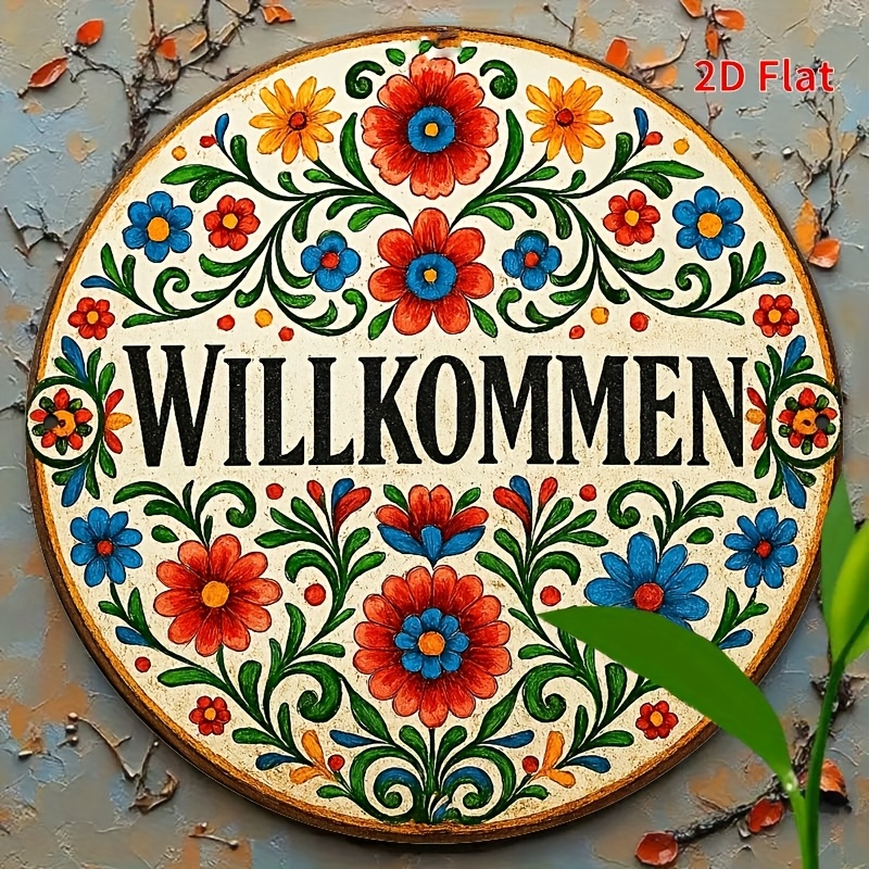 TEMU 2D Flach, [2D Flach] . 8 x 8 Zoll (20 x 20 cm) Deutsches WILLKOMMEN-Schild/ Metallschild Vintage Aluminiumschild, rundes Metallposter, für