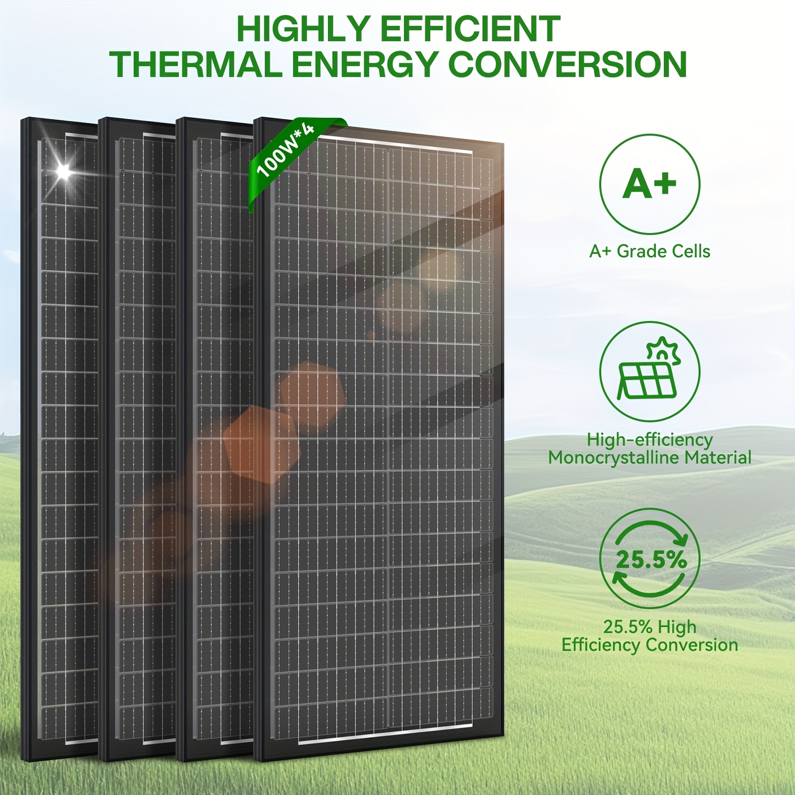 TEMU Bifacial 400w Solar Panels 4pcs 100w High-efficiency Monocrystalline 12v Double Sided Solar Systems Rv Marine Rooftop Farm Battery And Other Off-grid Applications 4*100w