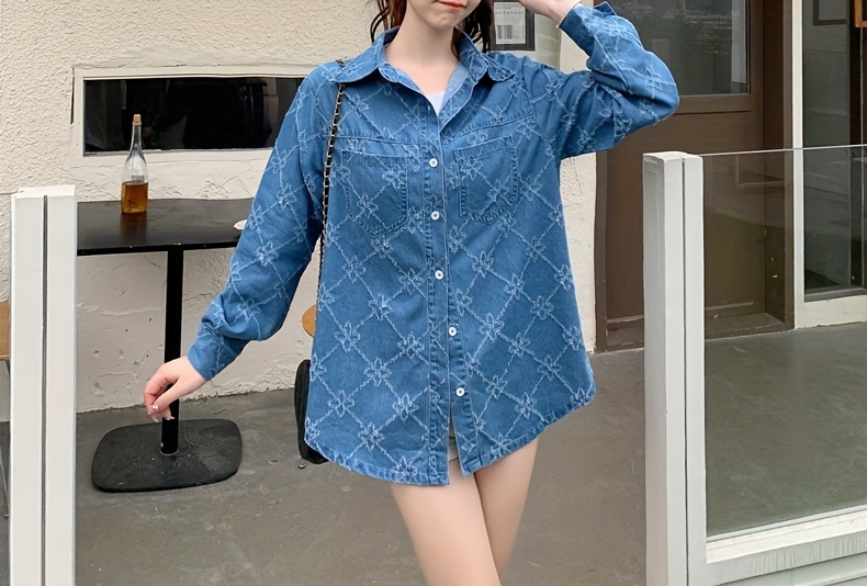 womens casual long sleeve textured fabric denim shirt top stylish outerwear spring   Product details 6