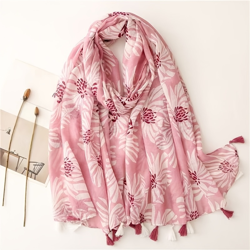 E-shop Frühlings-/Sommer Neuheit: Frische Künstlerische Rosa Blumenmuster Weiche Casual Fransenschal Modisches Kopftuch Vielseitiges Ausgeh-Accessoire