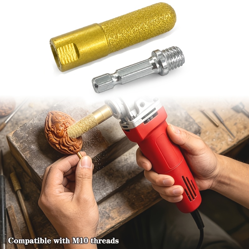 TEMU Cylindrical Diamond Grinding Head 2pcs Set, Including Fine Sand M10 Cylinder Grinding Head And Hand Drill Connecting Rod, Brazed Process, Sharp