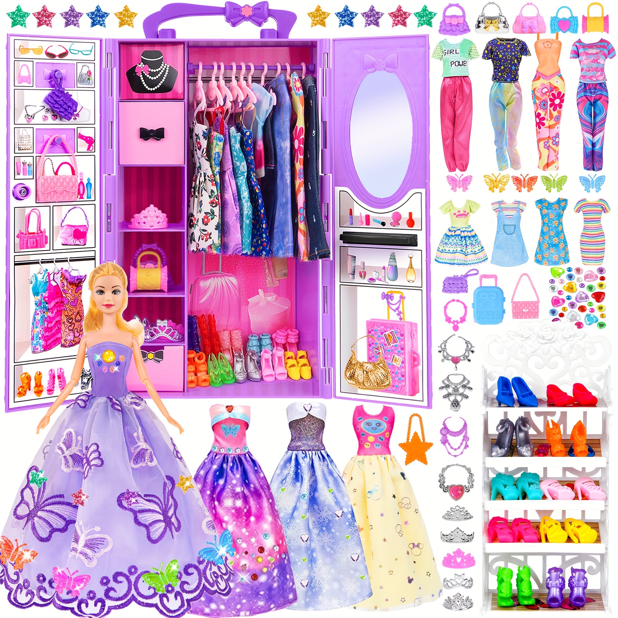 

11.5 Inch Girl Doll Closet Wardrobe With Clothes And Accessories Set 91 Pcs Including Princess Gowns, Fashion Dresses, Shoes, Hangers, Bags And (include Doll)