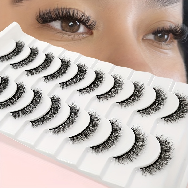 

10 Pairs Self-adhesive False Eyelashes - Mixed Length 9mm & 11mm, D , Lightweight 3d Cross Style, Natural Fluffy Extensions For Daily And Special Makeup Events