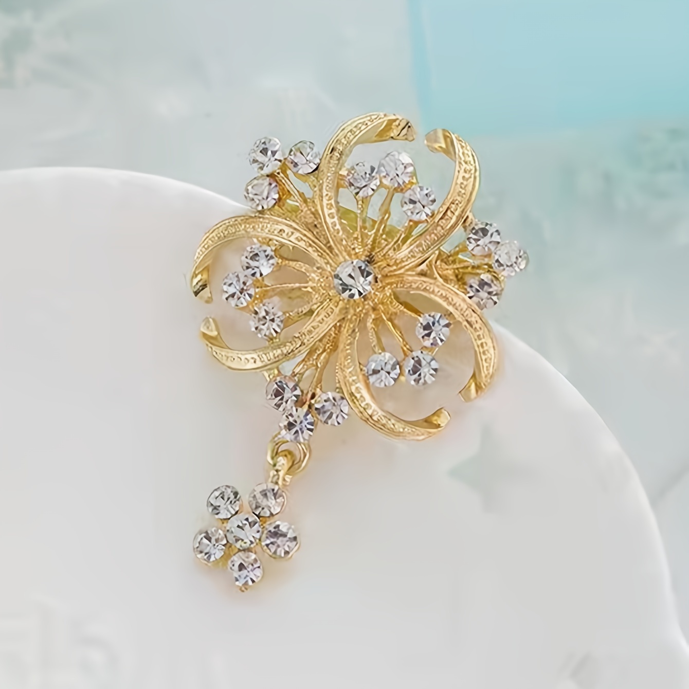 Sophisticated Golden Floral Pin - Rhinestones And Zirconia Crystals
