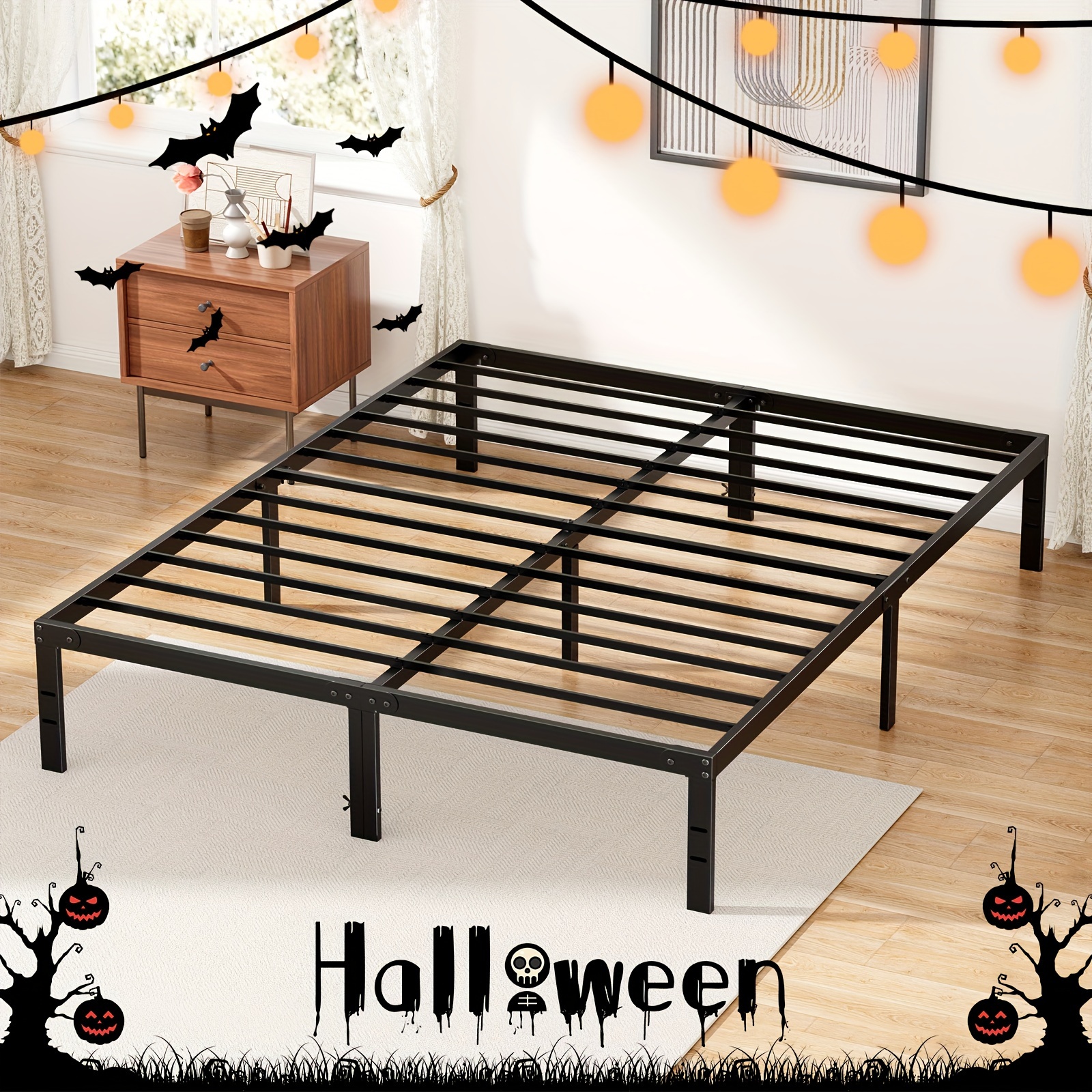 

Bed Frame - 4 Size Platform Bed Frame Metal Mattress Foundation With Steel Slat Support, Spring Needed, Storage Space Under Frame, Easy , Black