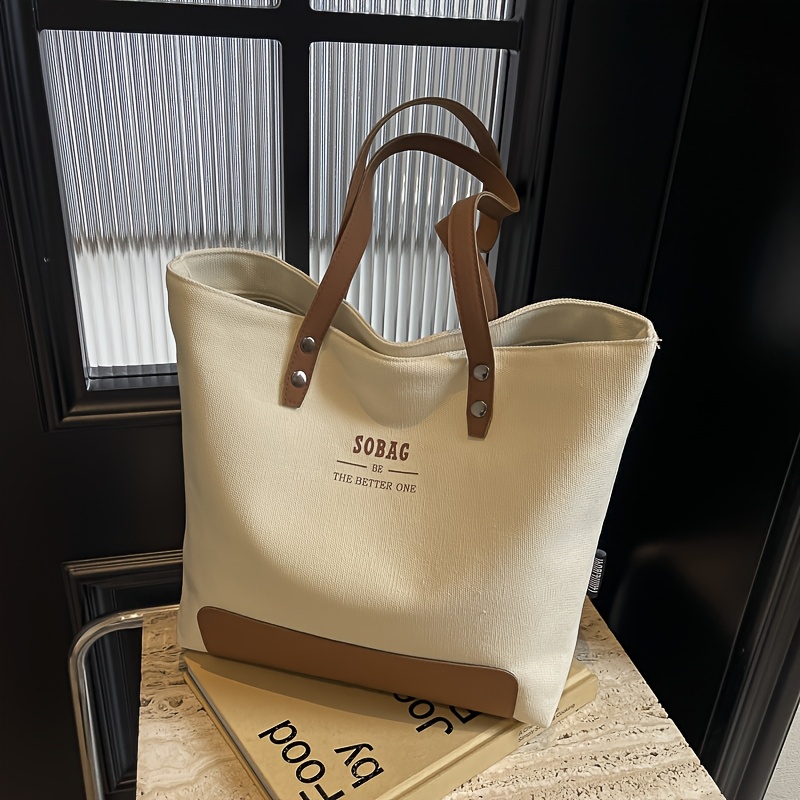 Image of Women's Shoulder Bag With Contrasting Splicing Tote Bag, Large Capacity With Letter Printing, Simple And Versatile For Commuting To Work, Shopping, Traveling, Hand-held Armpit Bag