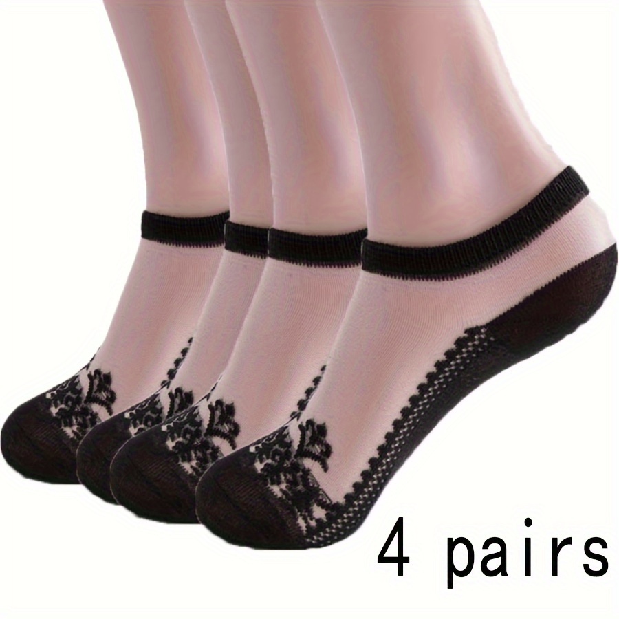 

4 Pairs Lace Mesh Socks, Comfy & Soft Invisible Ankle Socks, Women's Stockings & Hosiery