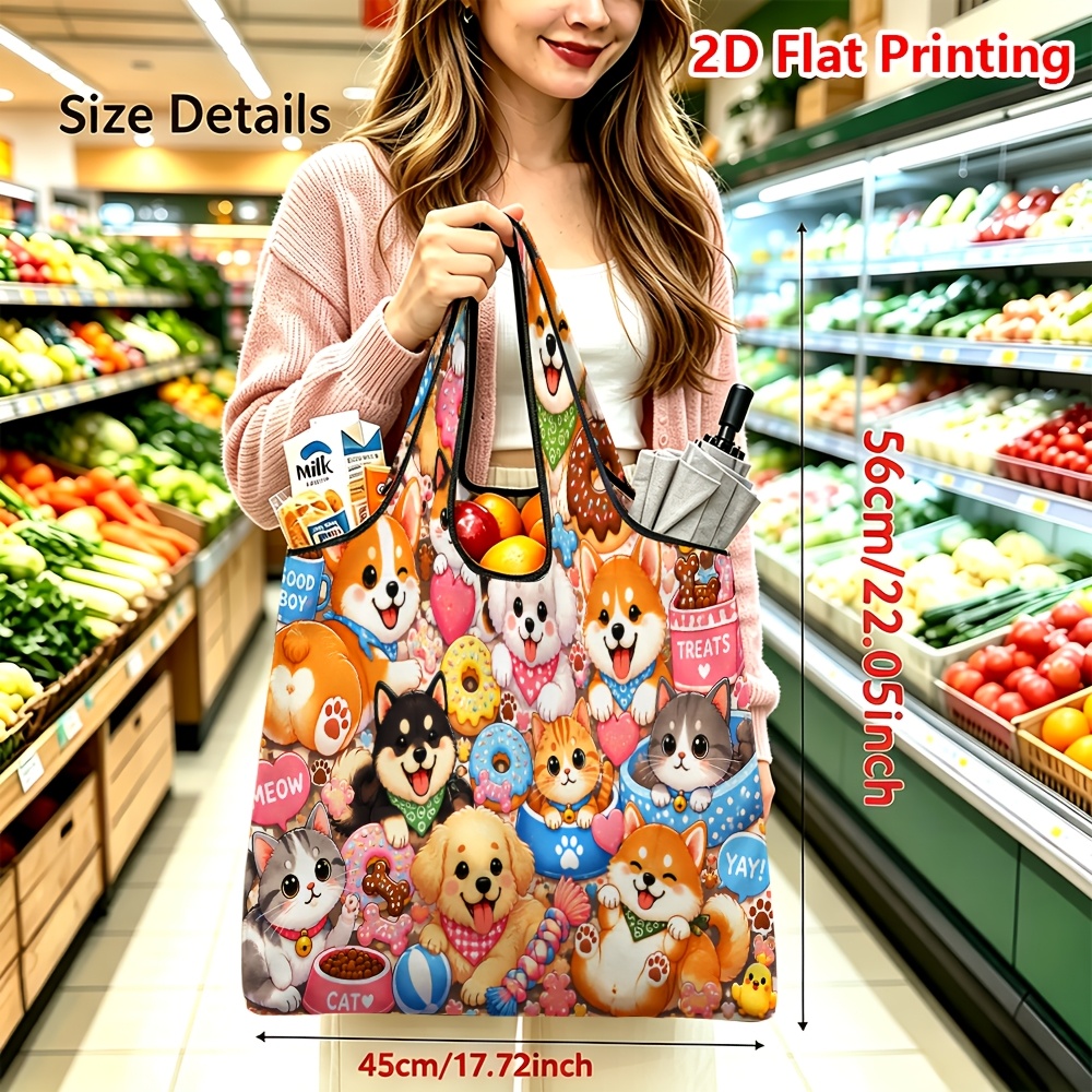TEMU 1pc Reusable Eco Shopping Bag Foldable Portable Large Capacity For Grocery Supermarket Picnic Travel With Cute Cartoon