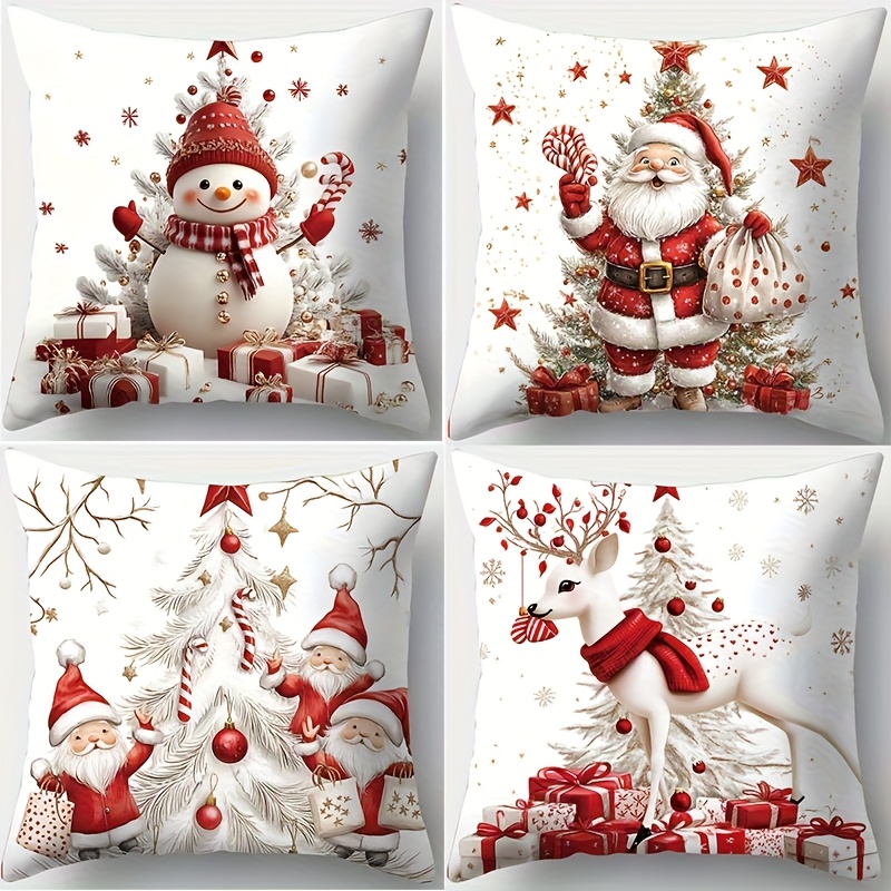 TEMU Christmas-themed Pillow Covers, Four-piece Set Featuring Designs Of Reindeer, Santa Claus, Snowmen, And Trees. Made Of Polyester, Without