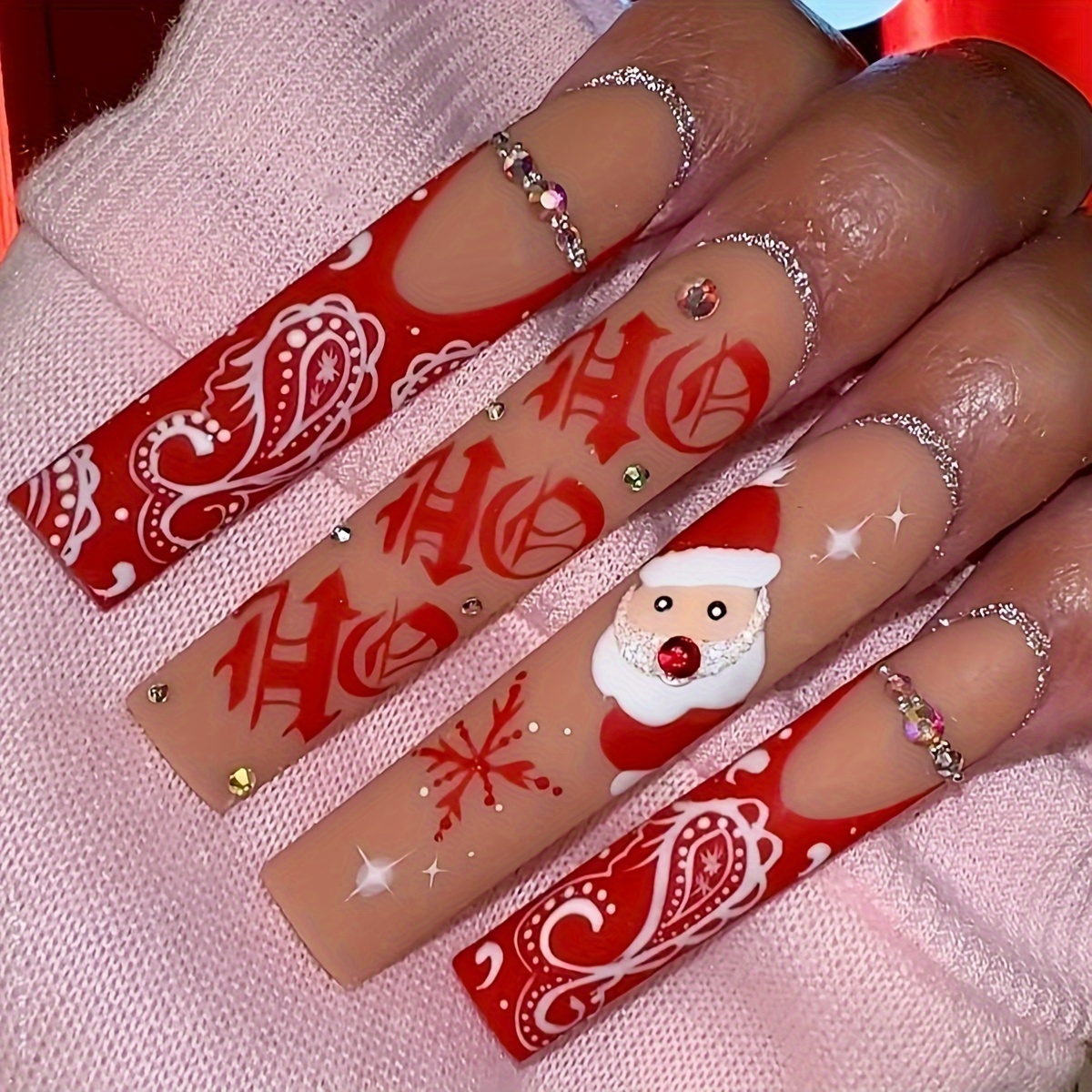 

24pcs Long Press On Nails , Red And , Detachable , Christmas Adhesive Set