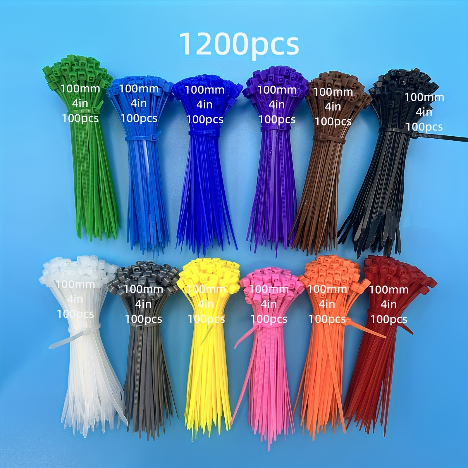 TEMU Home Decoration 1200pcs Colorful Wire Rope Ties 100mm/4in Zipper Ties Mixed Packaging 12-color Plastic Wire Ties Combination Suitable For Home