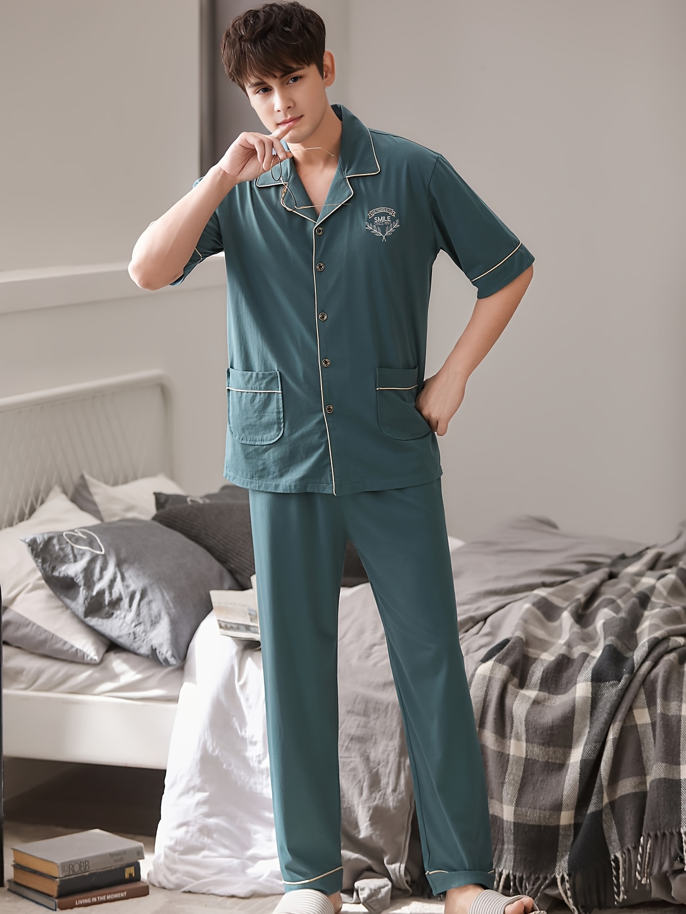 conjunto pijama manga corta 100% algodón hombre Temu Spain