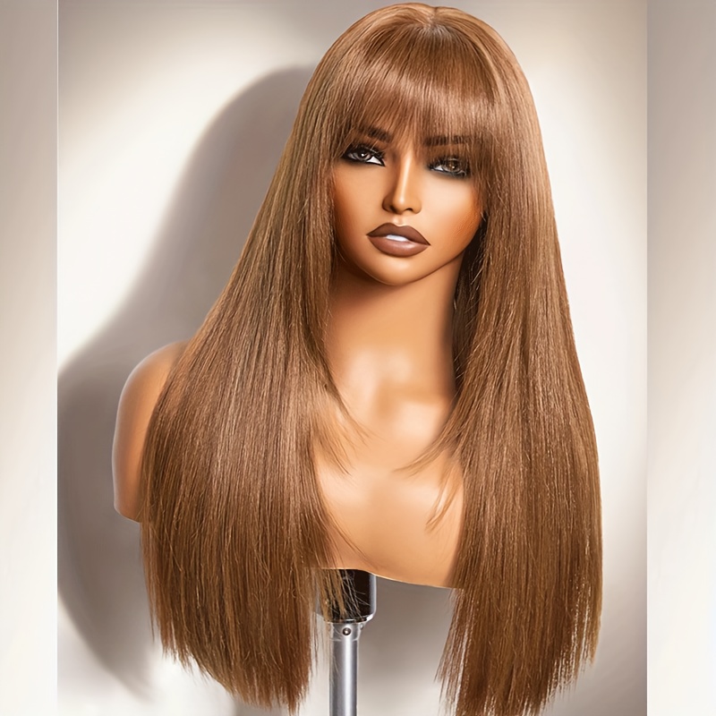 26inch glueless black wig bangs long straight layered - Temu display picture 2