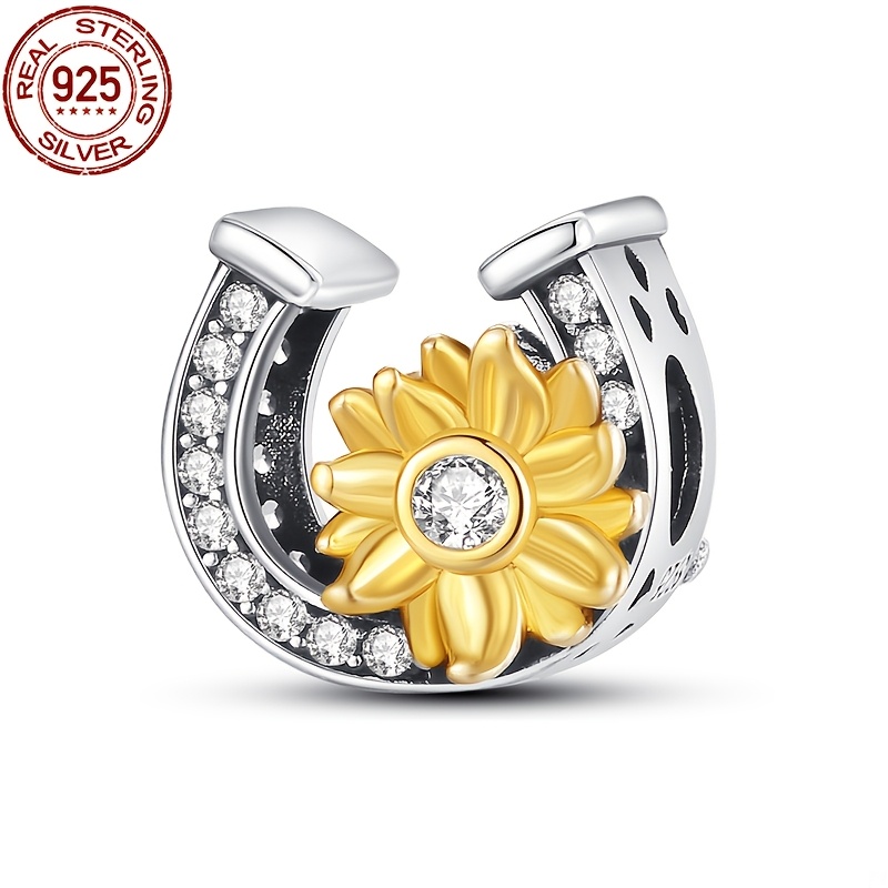 

Sterling Silver 925 Sunflower Charm With Horseshoe Beads, 4g, Fits Original 3mm Bracelets & Bangles, Diy Pendant For , Valentine's, Birthday, Christmas, Thanksgiving Gift