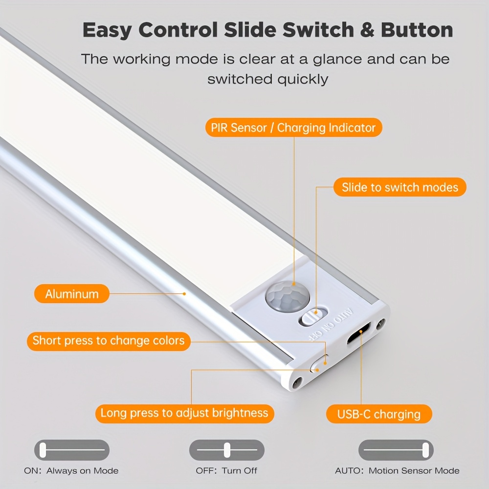 1pc rechargeable led motion sensor cabinet lights usb charge battery lights increase battery capacity magnet lights with push button switch for hallway kitchen staircase 3 colors home night light Product details 1