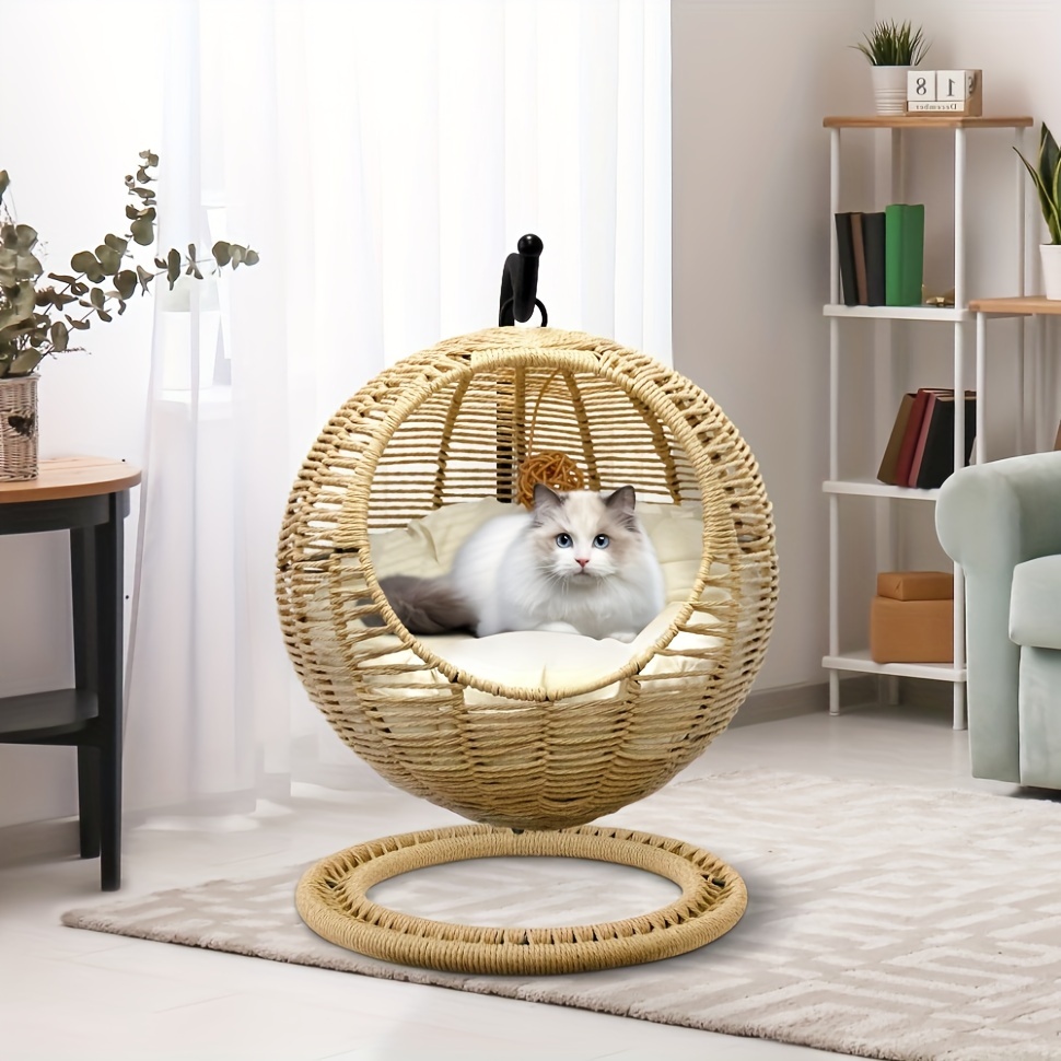 TEMU Wicker Cat Bed Indoors & Outdoors, Hand Made Cat Swing Bed With Removable Cushion & Hanging Ball Washable Pet Swing For Cat Small Dog Small Animals