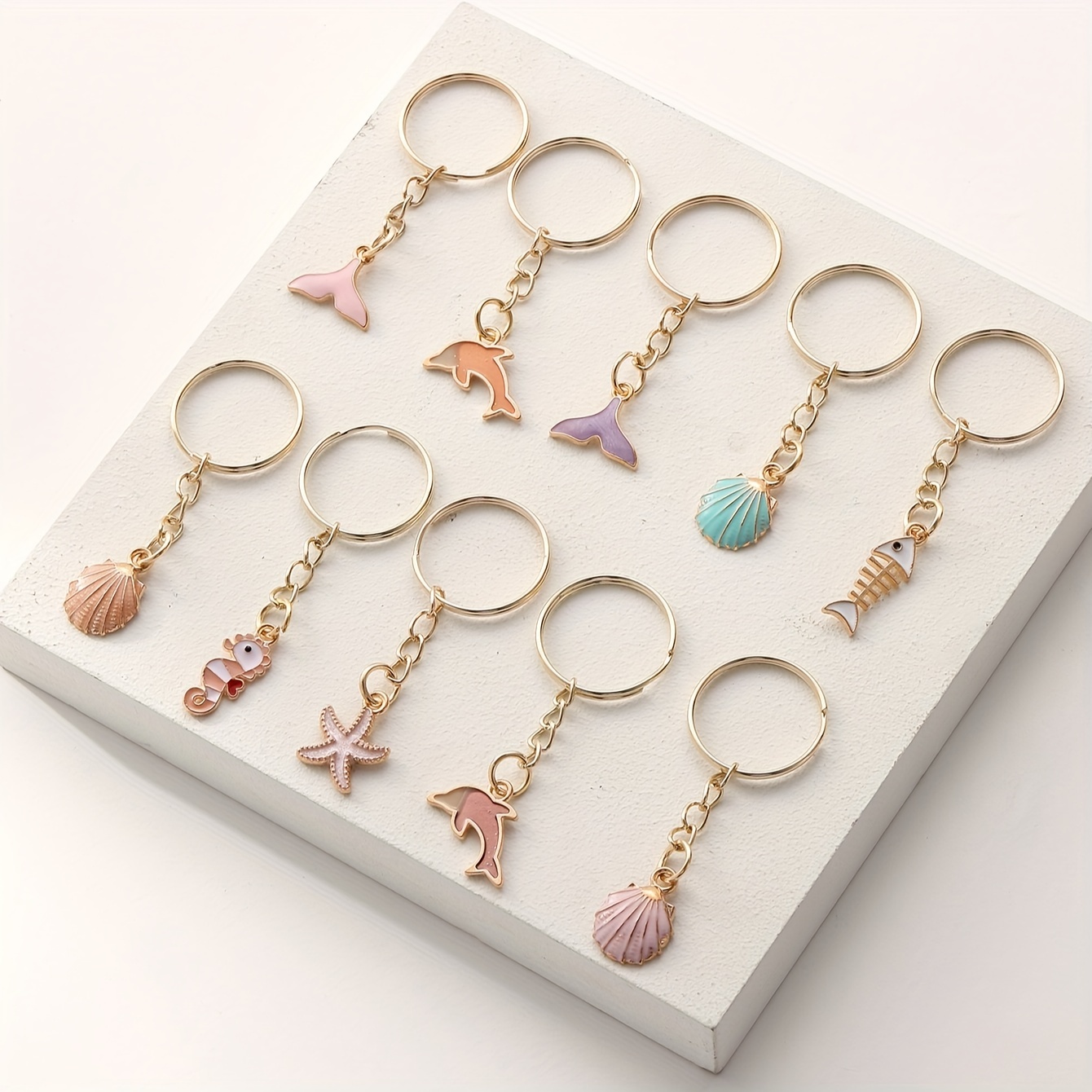 Cartoon Cute Alloy Drip Oil Shell Seahorse Starfish Fish Tail Keychain For Men And Women Fashion Decoration Party Supplies Gift 10pcs