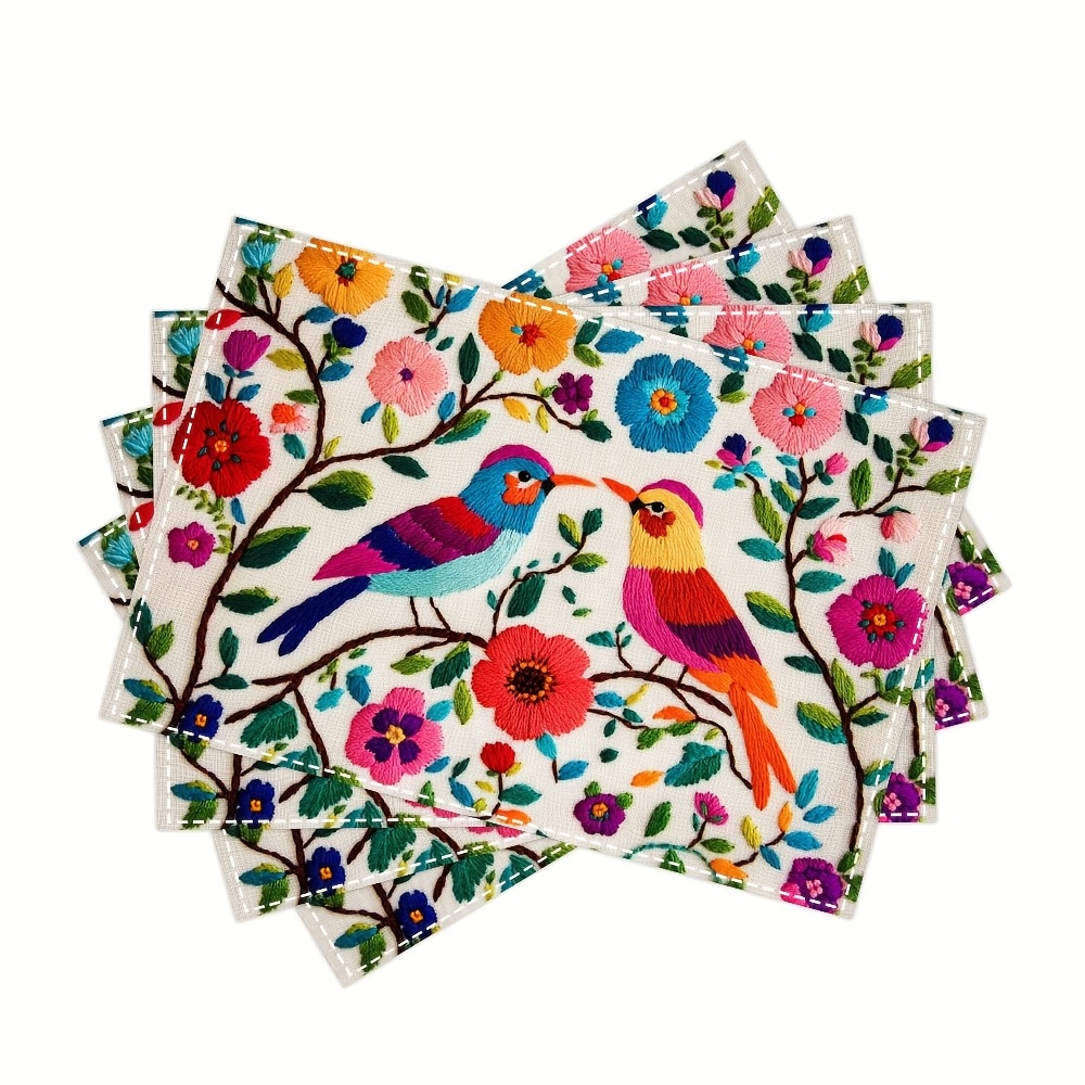 

4pcs Mexican Embroidery Art Table Mats, Birds And Flowers Pattern, Linen 12x18 Inches - Ideal For Dining, Kitchen Parties, Indoor Festivals, And Home Decor, , Dinner Party