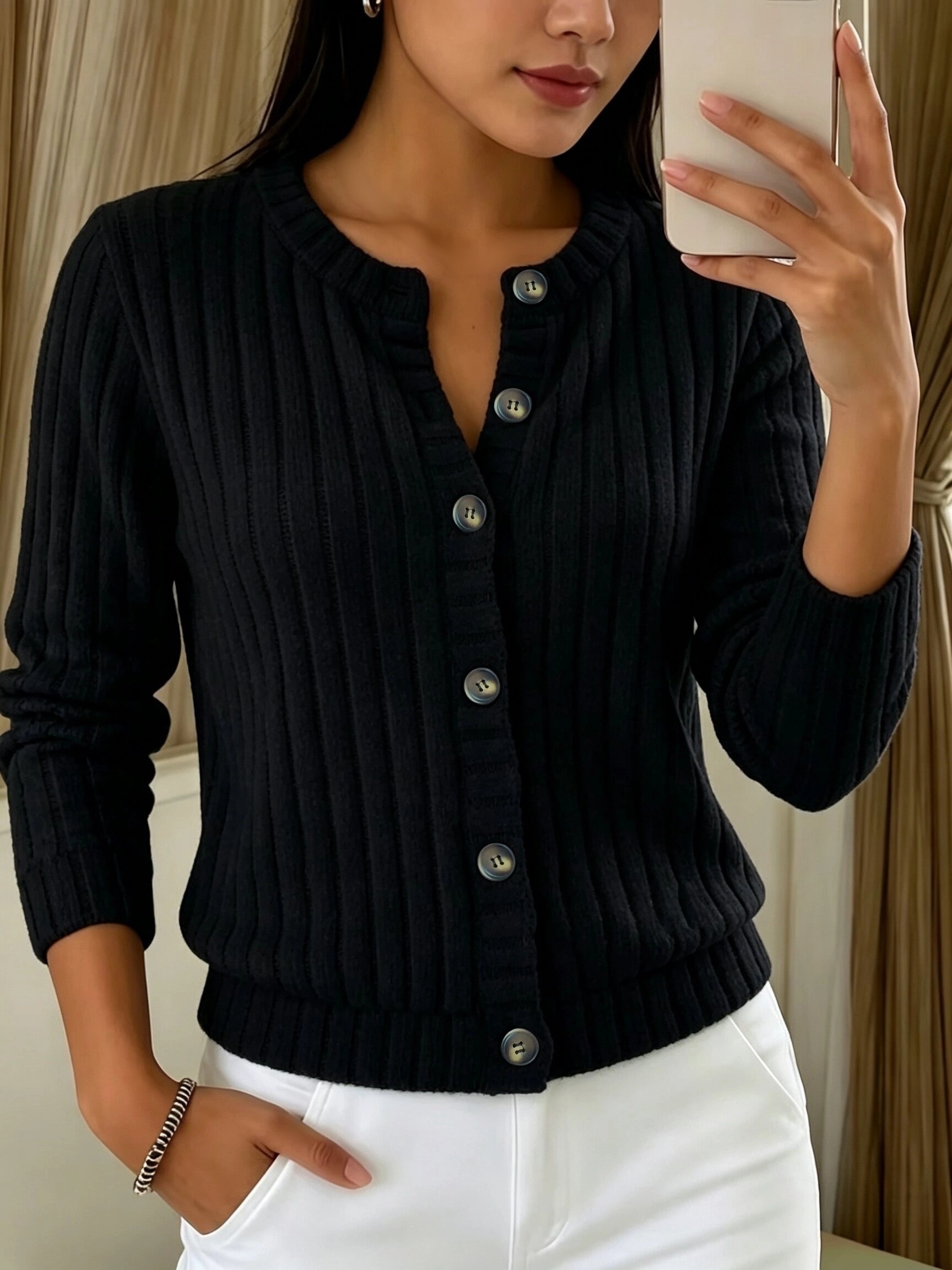Jacket-Style Ribbed Sweater Top Women'S Autumn Thin New Style Button-Up Cardigan Sweater