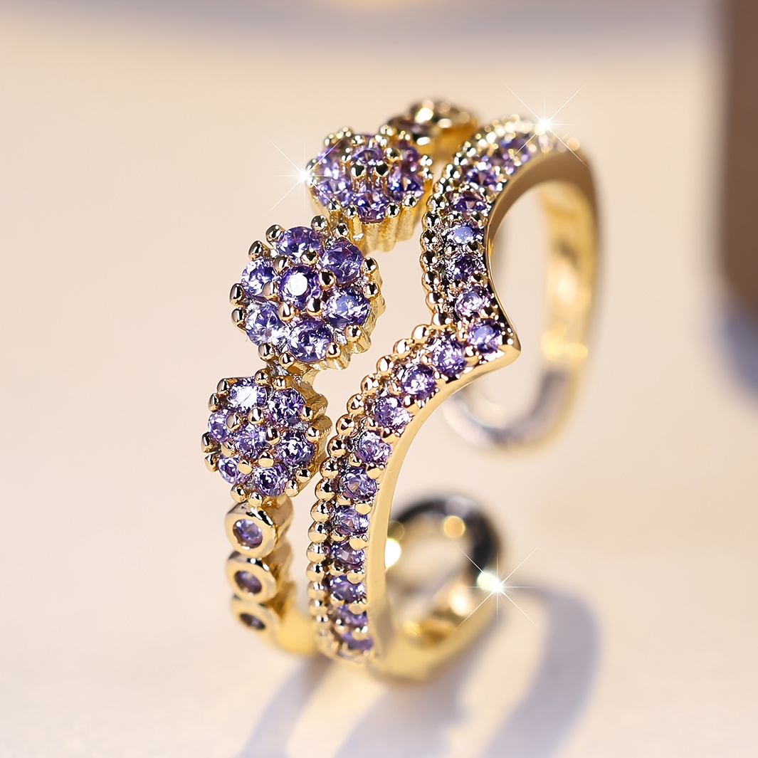   a double layer v shaped purple synthetic zirconia opening ring womens fashion versatile ring suitable for parties weddings and daily wear details 0