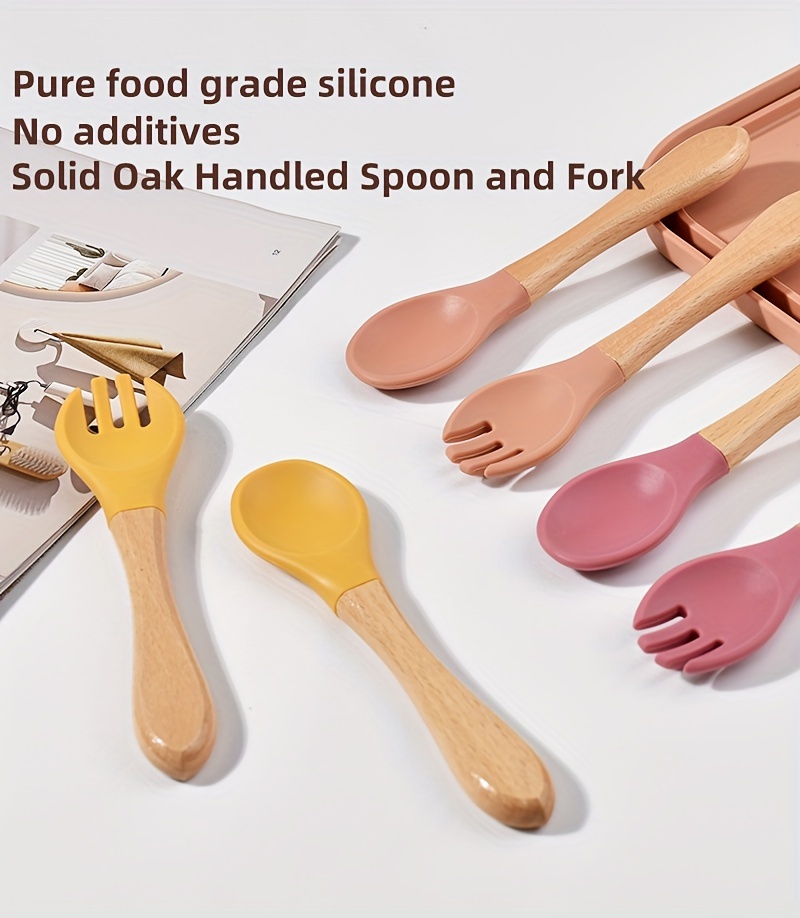 food grade silicone spoon     wooden handle fork and spoon training feeding tableware 2pcs set details 0