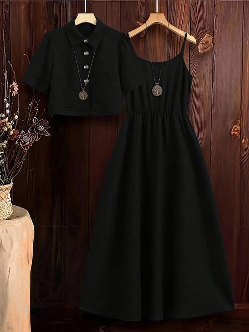 imagen del artículo conjunto y elegante de 2 piezas de camisa y vestido camisola para mujer, para desplazamientos y diversas ocasiones, ropa de vacaciones
