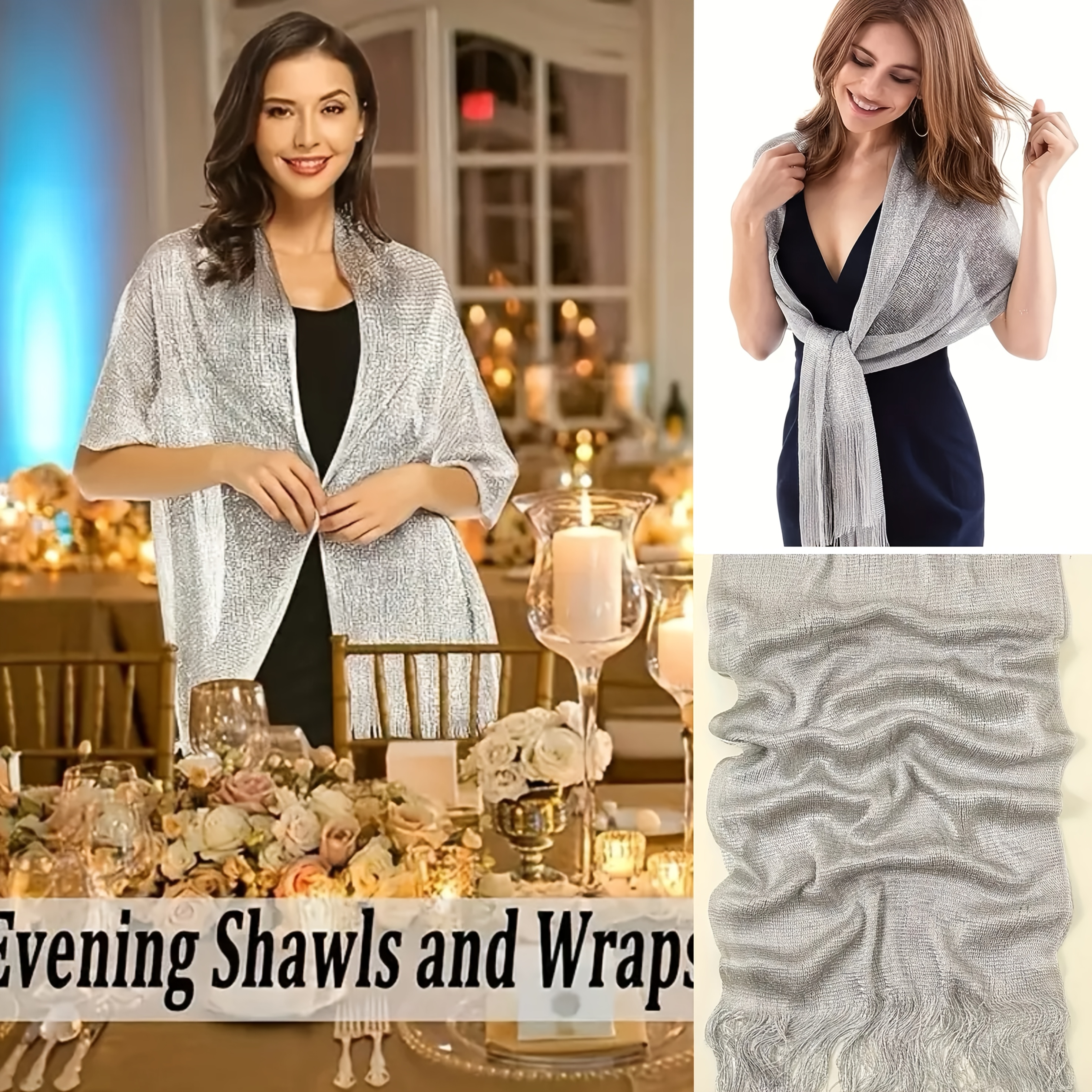 2 Scarf Set/1 Scarf Set, Luxurious Golden And Low-Key Silvery, Evening  Dress with Scarf, Wedding Dress with Scarf, Tassel Ladies Shawl, Gift for  Personal Use