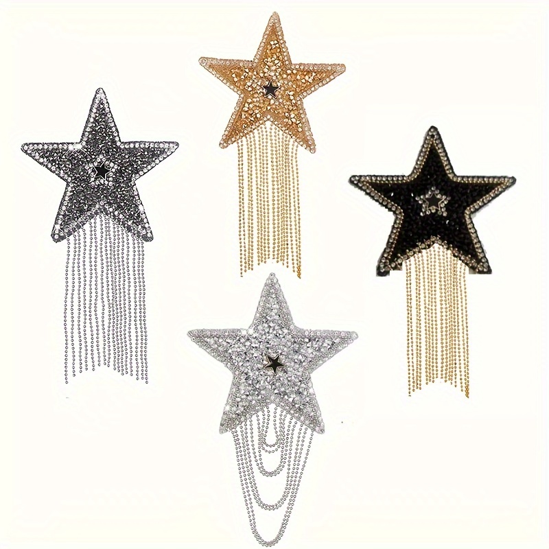 

4pcs Sparkly Star & Chain Tassel Iron-on Patches - Diy For Apparel