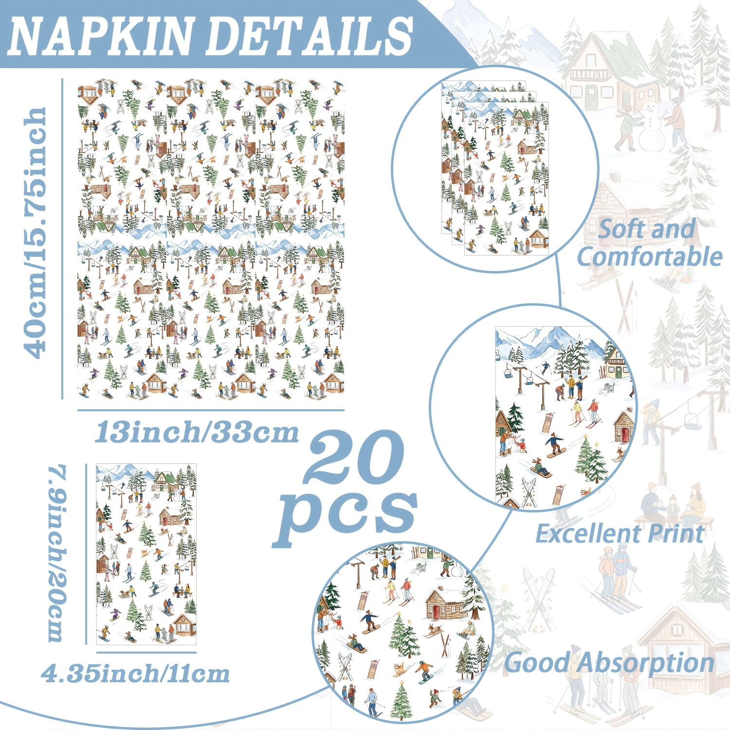 TEMU Serviettes de table à thème snowboard pour réunions, thés, fêtes d'anniversaire - Décorations de table d'hiver avec ski/snowboard, serviettes en