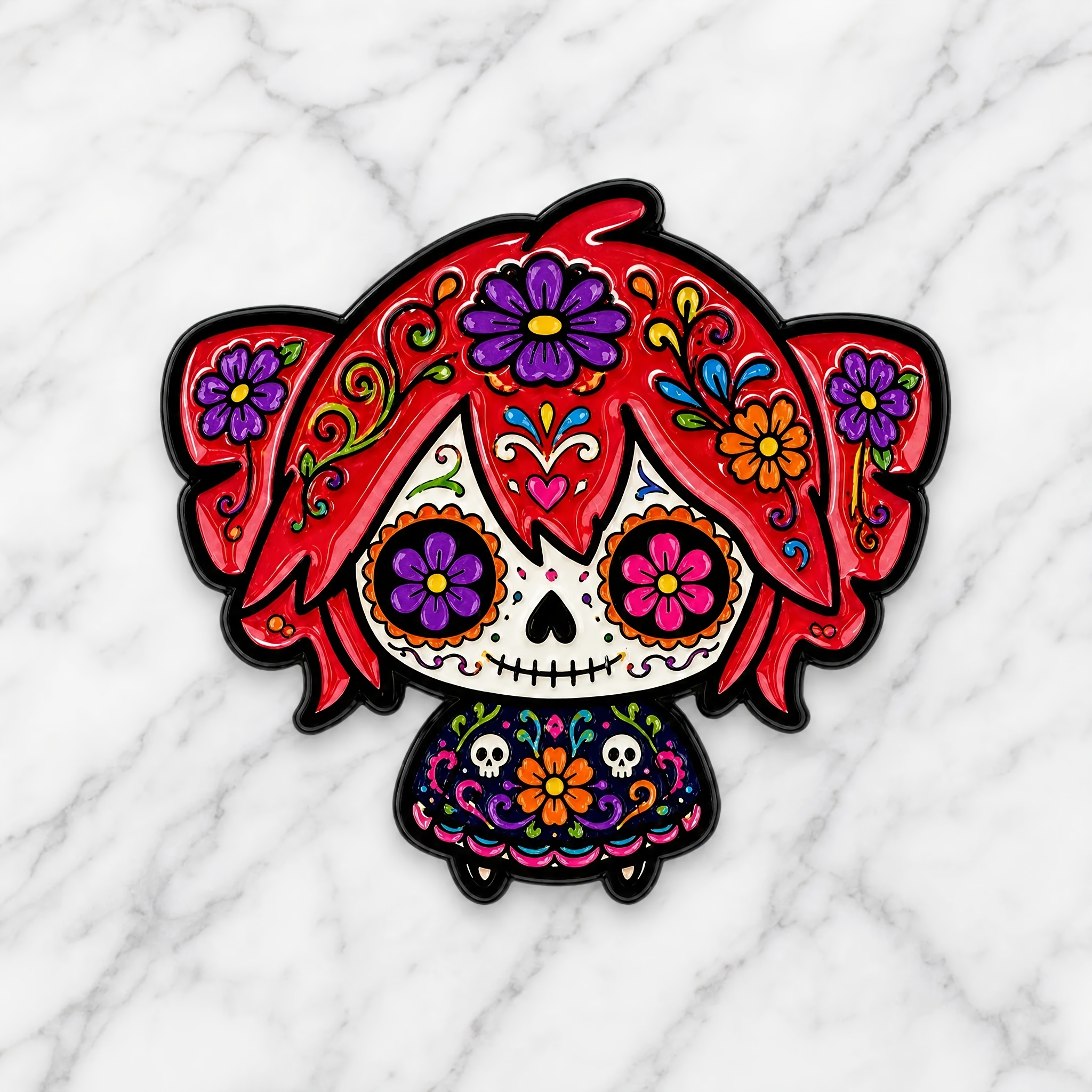TEMU Insigne de dessin animé squelette à motif de bonbons et de fleurs pour cheveux courts style Jour des Morts, squelette peint à bonbons + corps
