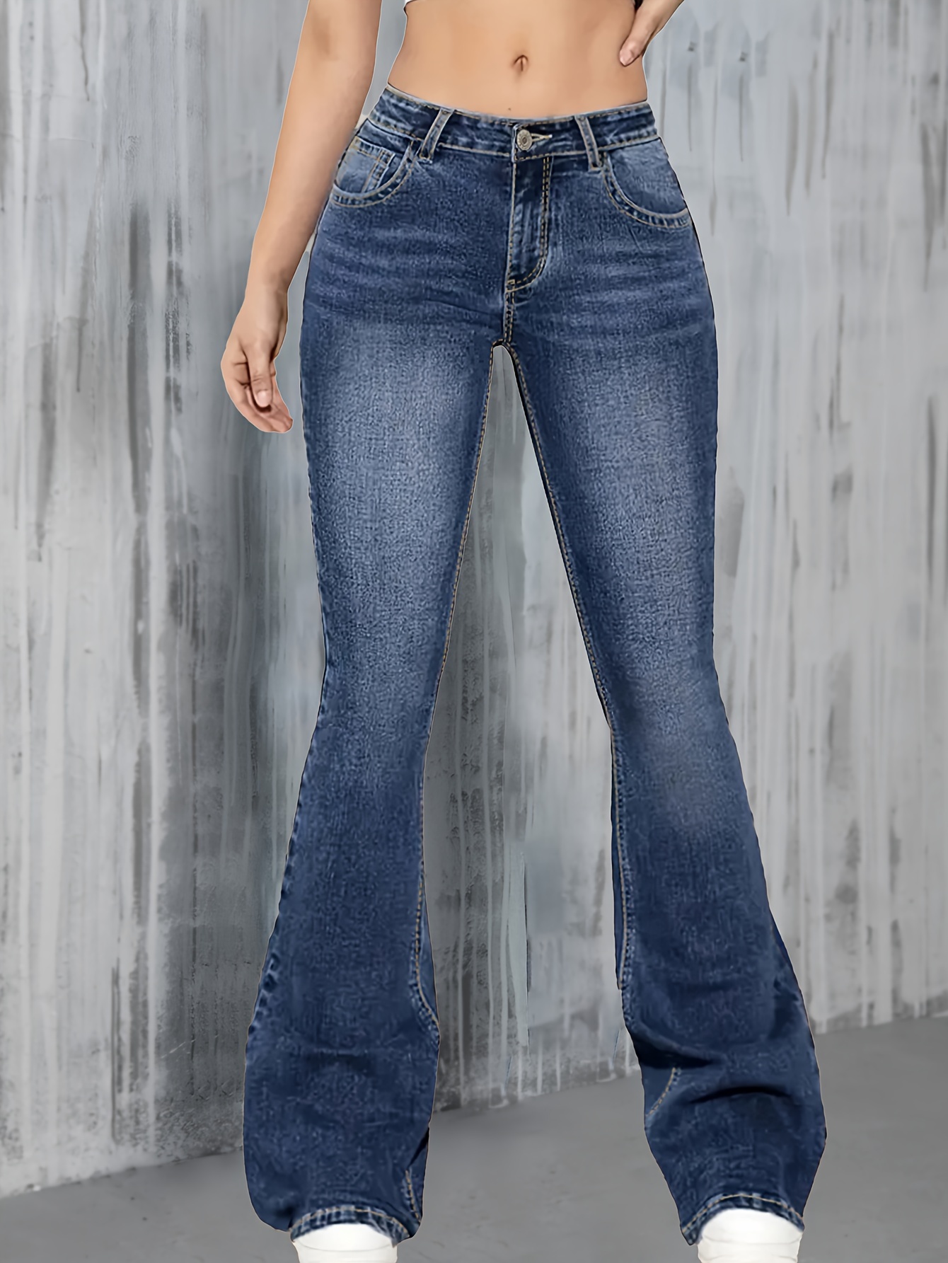fashionable and versatile blue high waisted elastic   fit womens denim flared pants