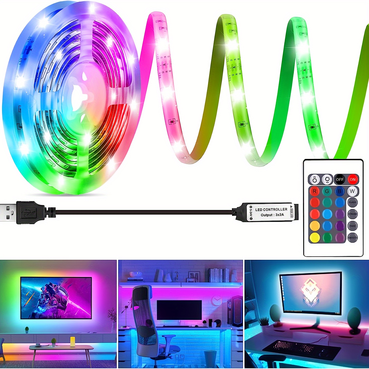 6.5ft/2M Luces De Tira LED USB / Batería Operado RGB Cambio - Temu
