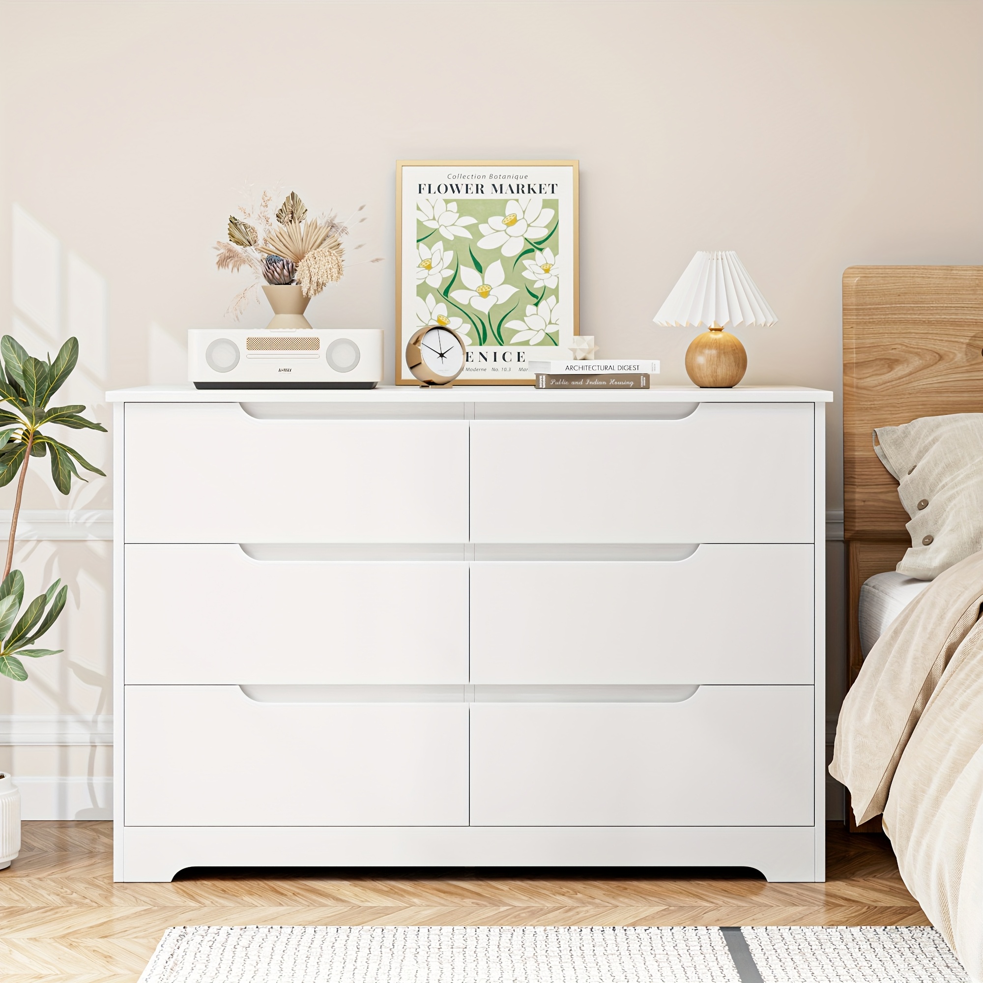E-shop Kealive Kommode, Aufbewahrungsschrank mit 6 Schubladen, Kommode für Esszimmer, Küche, Wohnzimmer, Modern, Weiß