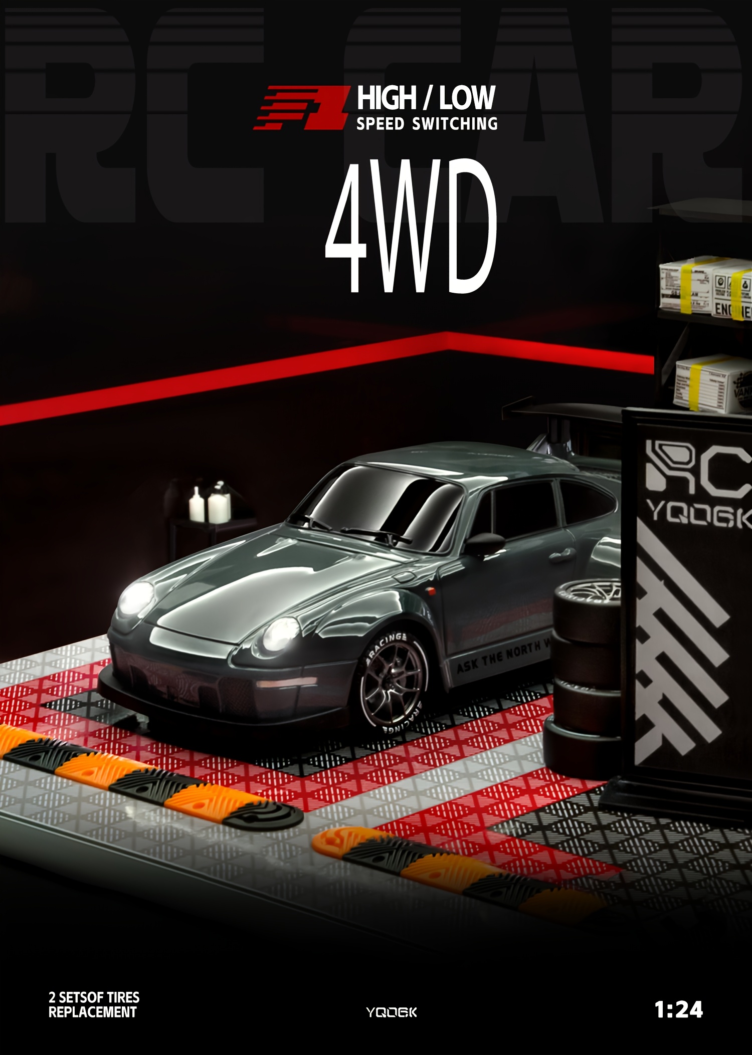 1 24 scale 4wd rc drift car with 2 4ghz   of reaching   up to 20km h this high   vehicle     with drift tires   and led lights and   two batteries its an ideal birthday or holiday gift for children aged 6 and above details 0