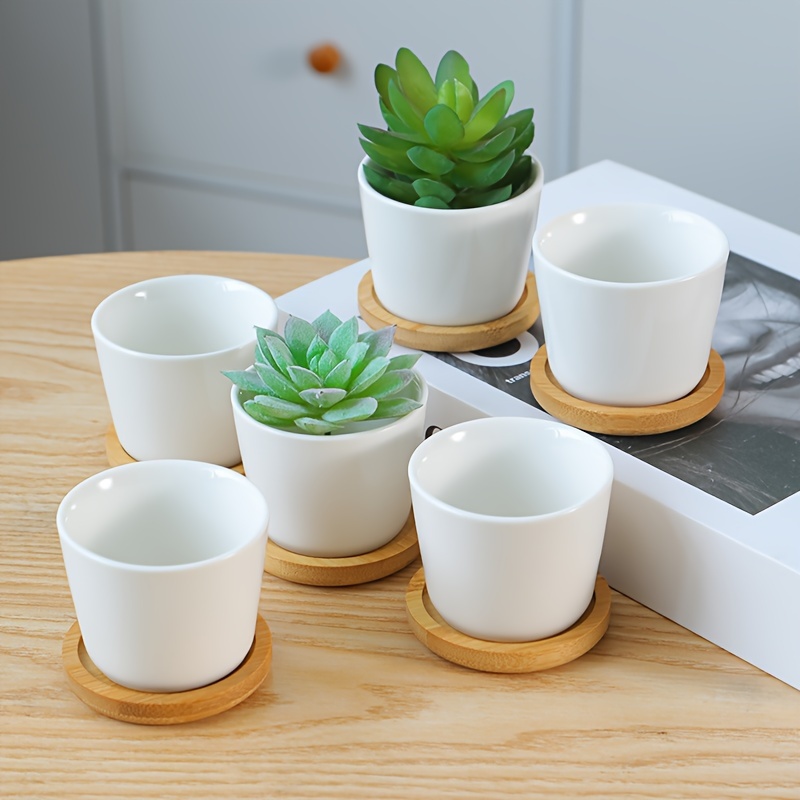   más   6-pack macetas de cerámica modernas con bandejas de bambú - macetas redondas de suculentas y cactus con agujero de drenaje para uso interior y exterior