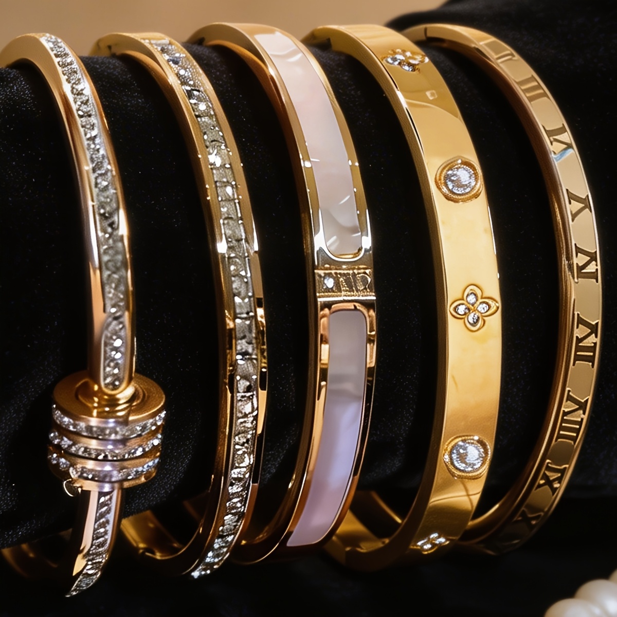 TEMU 5pcs 18k Gold-plated Stainless Steel Women's Stackable Bracelets, Waterproof Roman Numeral Flower Cubic Zirconia, Women' Party Jewelry Gifts
