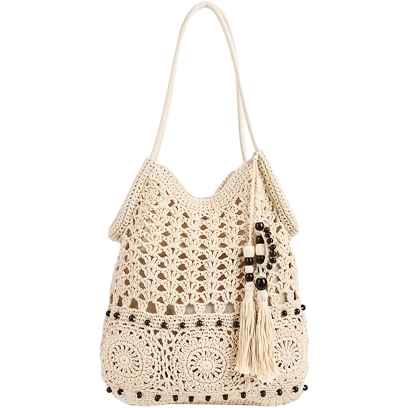 Image of Women's Bohemian Woven Beach Tote Bag Tassel Trim Bohemian Shoulder Bag 2026 Style