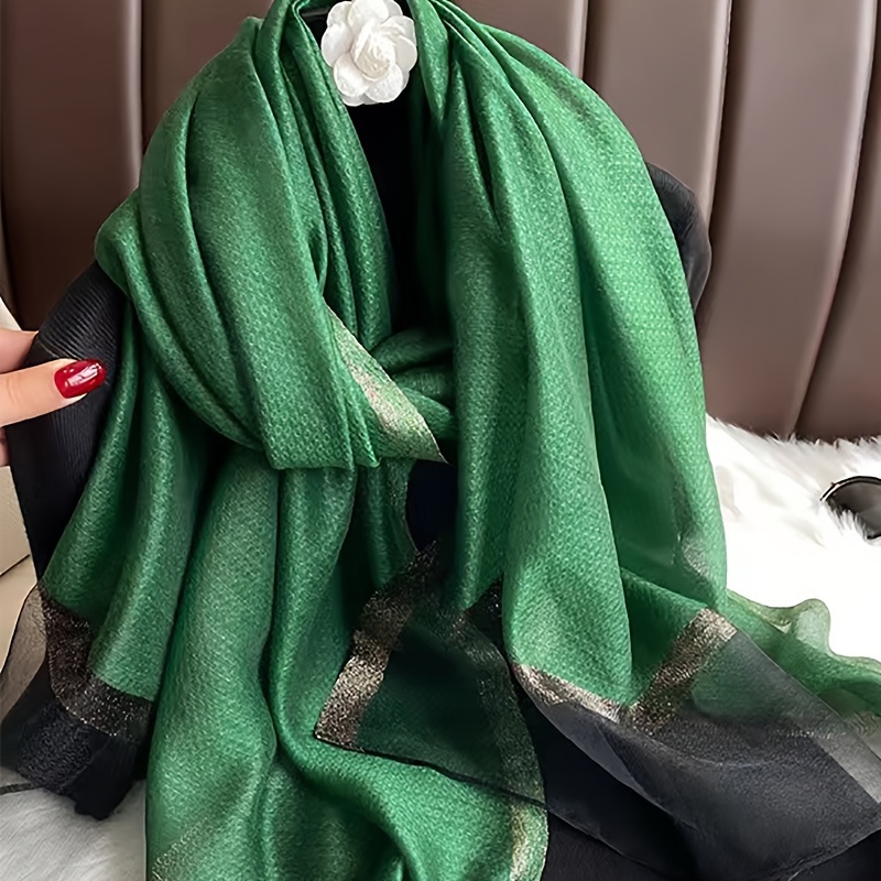 

1pc Solid Green Scarf With Golden Edging, Spring/autumn Sun Protection Warm Shawl, Fashionable Versatile Casual Adult Daily Wear Accessory Gifts For Eid