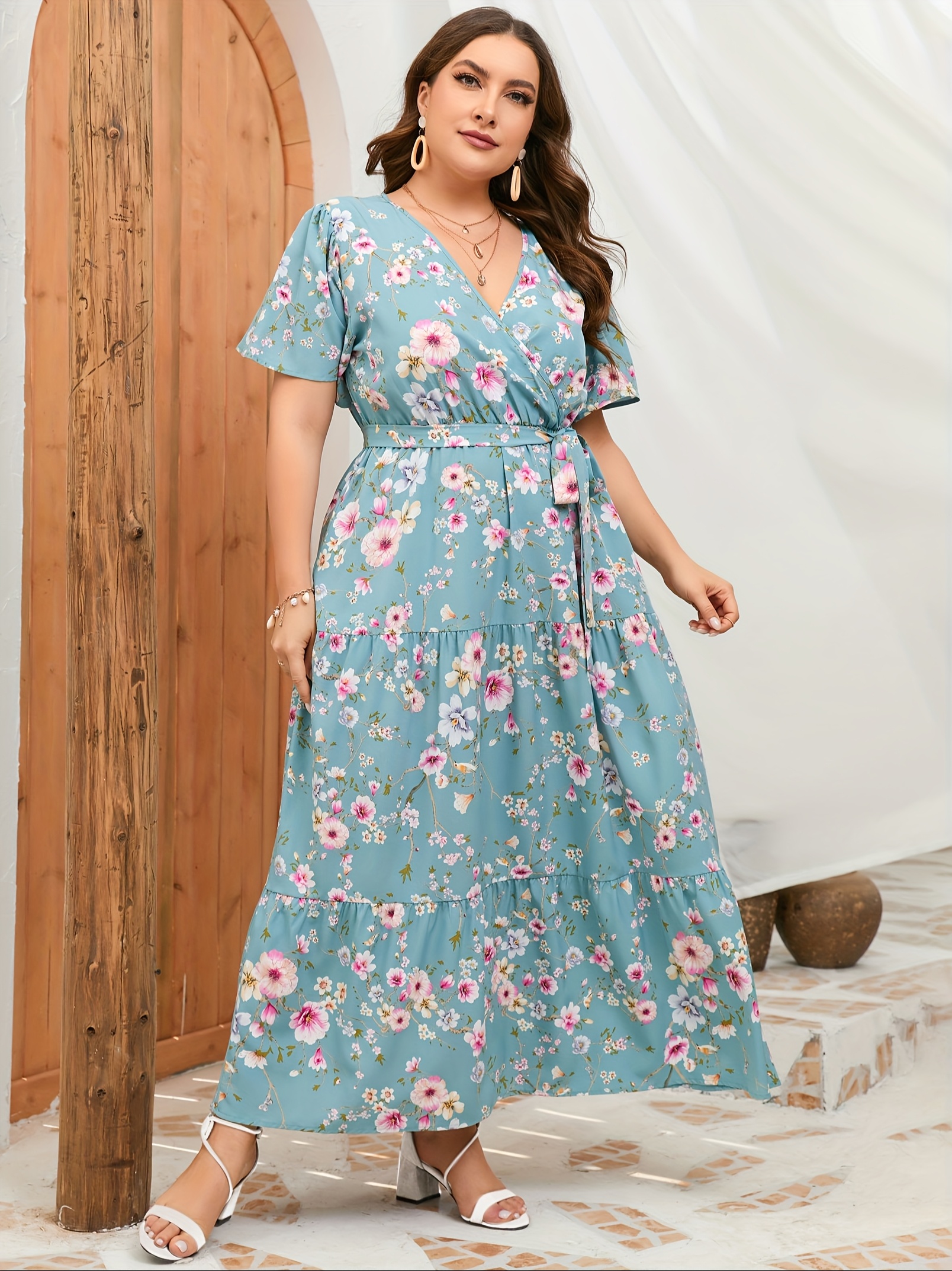 Women Plus Size V Neck Wrap Maxi Dress High Waist Casual Summer Dress With  Belt