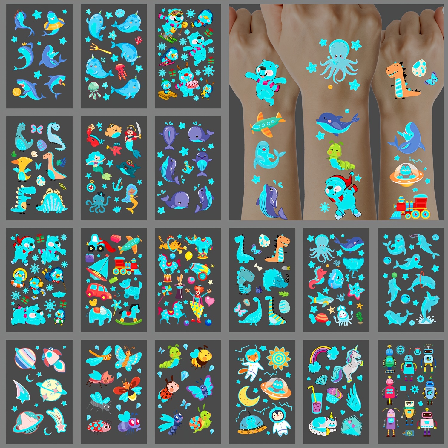 

Glow In The Dark Temporary Tattoos - 20 Pack, Luminous Blue Adhesive Stickers, Cute Cartoon Designs, Ideal For Birthday Party Favors And Night Events Accessories, Easy To Apply & Remove, Oblong Shape