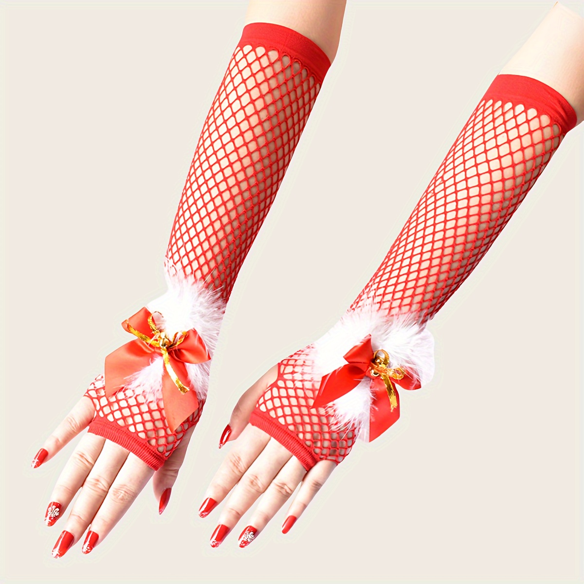 TEMU Christmas Fishnet Gloves With Bells - Mid-length, Fingerless Design For Women | Holiday Parties & Cosplay